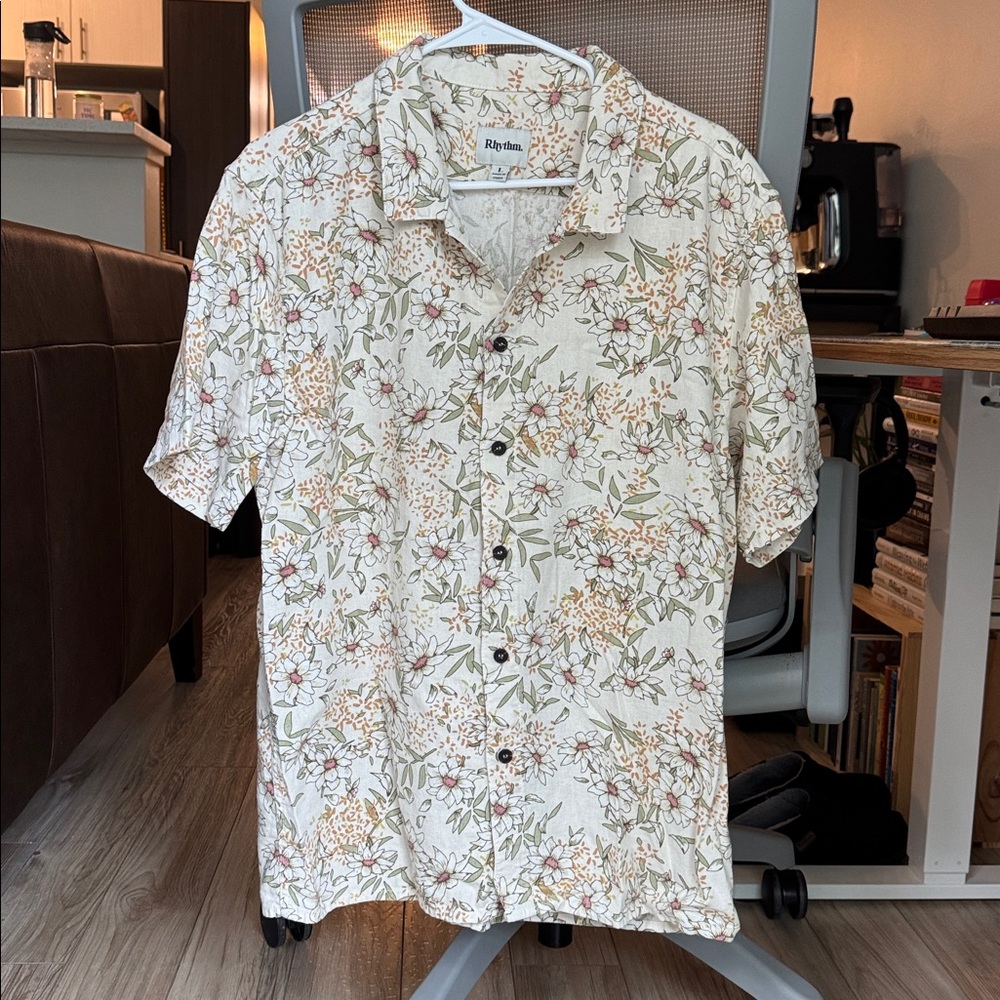 Rhythm Shirt Mens Size Large Malia Floral Linen Blend Short Sleeve Breathable